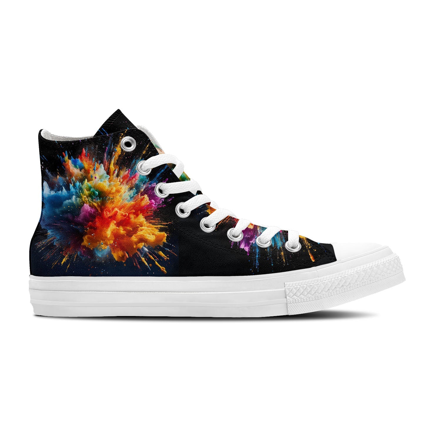 Frenesí de fuegos artificiales: Zapatillas de lona unisex de media caña: Adéntrate en una explosión de color con estampados de fuegos artificiales estilo salpicaduras de pintura para hombres y mujeres
