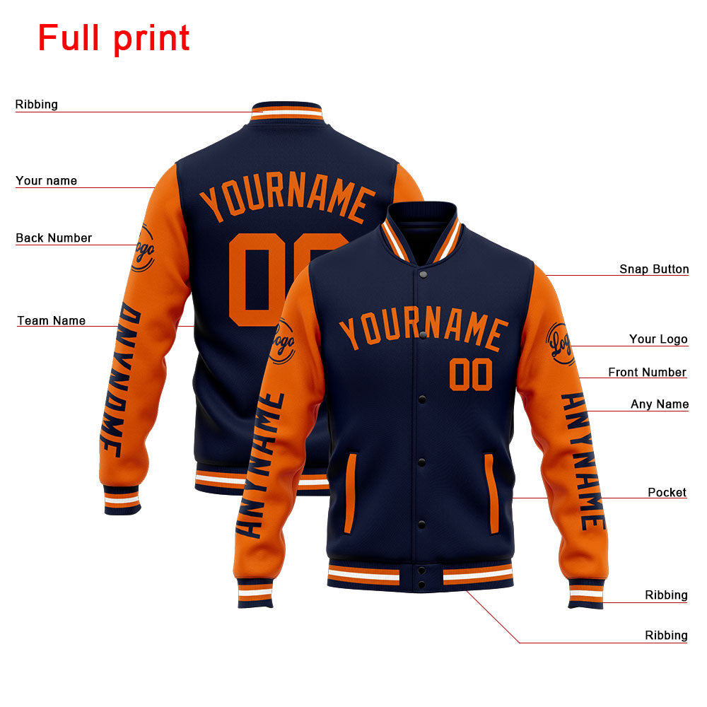 Chaqueta universitaria personalizada estilo Letterman para hombres-mujeres y jóvenes-color azul marino y naranja