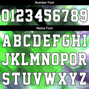 Uniforme de baloncesto personalizado verde y morado con tu logotipo-nombre y número impresos