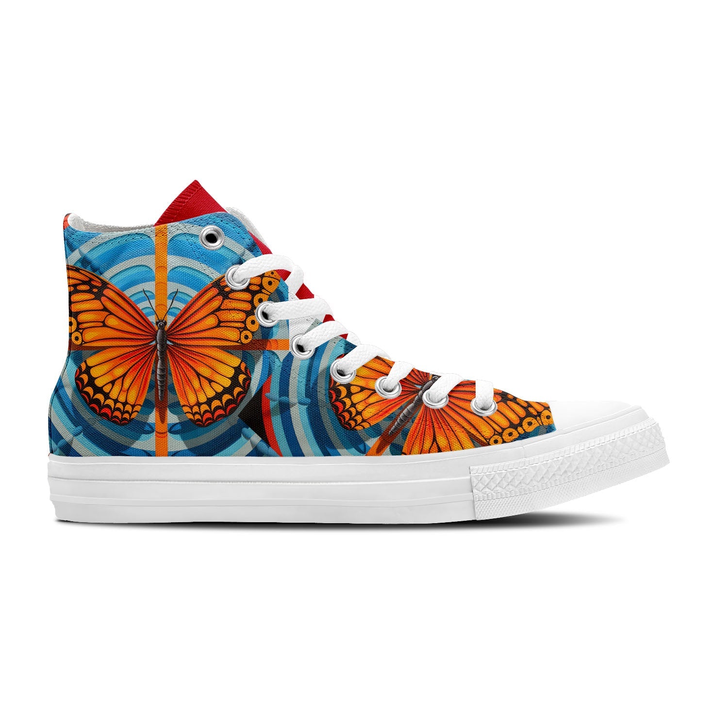 Alas etéreas: realza tu estilo con zapatillas de lona de media caña para hombre y mujer Cautivadores diseños de mariposas Op Art en cada paso