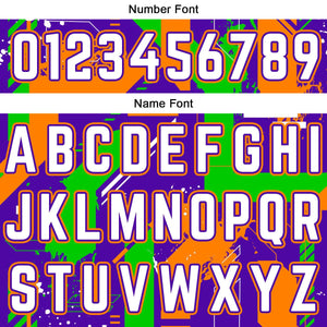 Uniforme de baloncesto personalizado de geometría púrpura y naranja con tu logotipo-nombre y número impresos