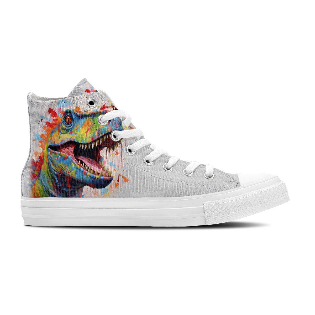 Caleidoscopio Jurásico: Zapatillas de lona de media caña para hombre y mujer -Recorre la jungla de la moda con arte inspirado en dinosaurios-una fusión de diseños coloridos y un estilo Dots divertido