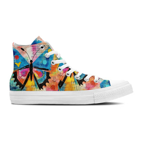Elegancia revoloteante: Zapatillas de lona de media caña para hombre y mujer -Eleva tu estilo con estas zapatillas de lona de caña media que presentan la elegante belleza del arte de las mariposas