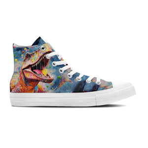 Dino Fusion: Zapatillas unisex de lona de media caña: Adéntrate en un colorido mundo de dinosaurios con vibrantes diseños artísticos y estampados inspirados en puntos para hombres y mujeres