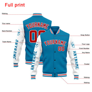 Chaqueta universitaria personalizada estilo Letterman para hombres-mujeres y jóvenes en azul-blanco y rojo