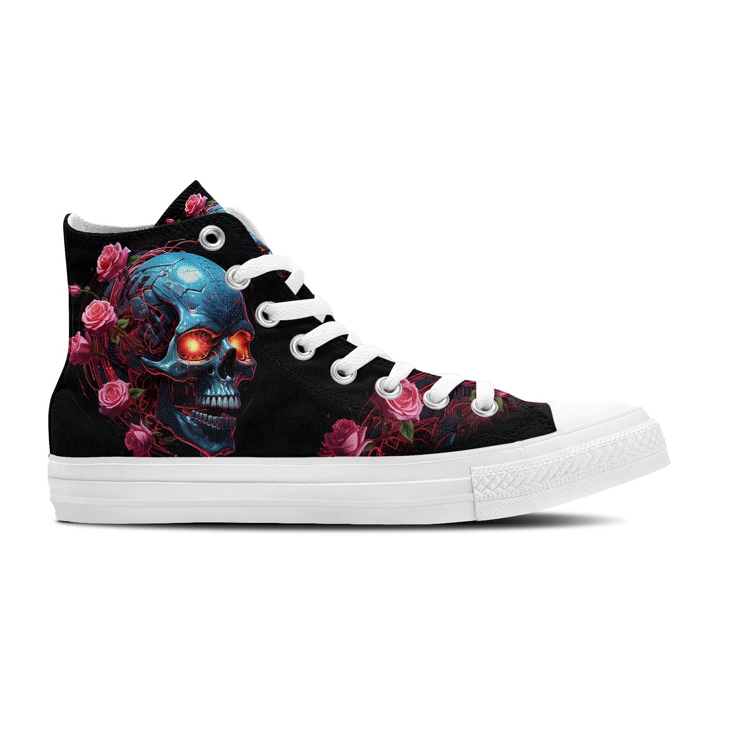 Skull Symphony: Zapatillas unisex de media caña de lona -Adéntrate en una vibrante melodía de color con un diseño de lápiz inspirado en calaveras para hombres y mujeres