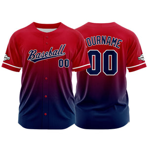 Camiseta de béisbol con dise?o personalizado estampado completo color rojo y azul marino