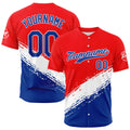 Dise?o personalizado de camiseta de béisbol con estampado completo en rojo azul y blanco
