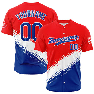 Dise?o personalizado de camiseta de béisbol con estampado completo en rojo azul y blanco
