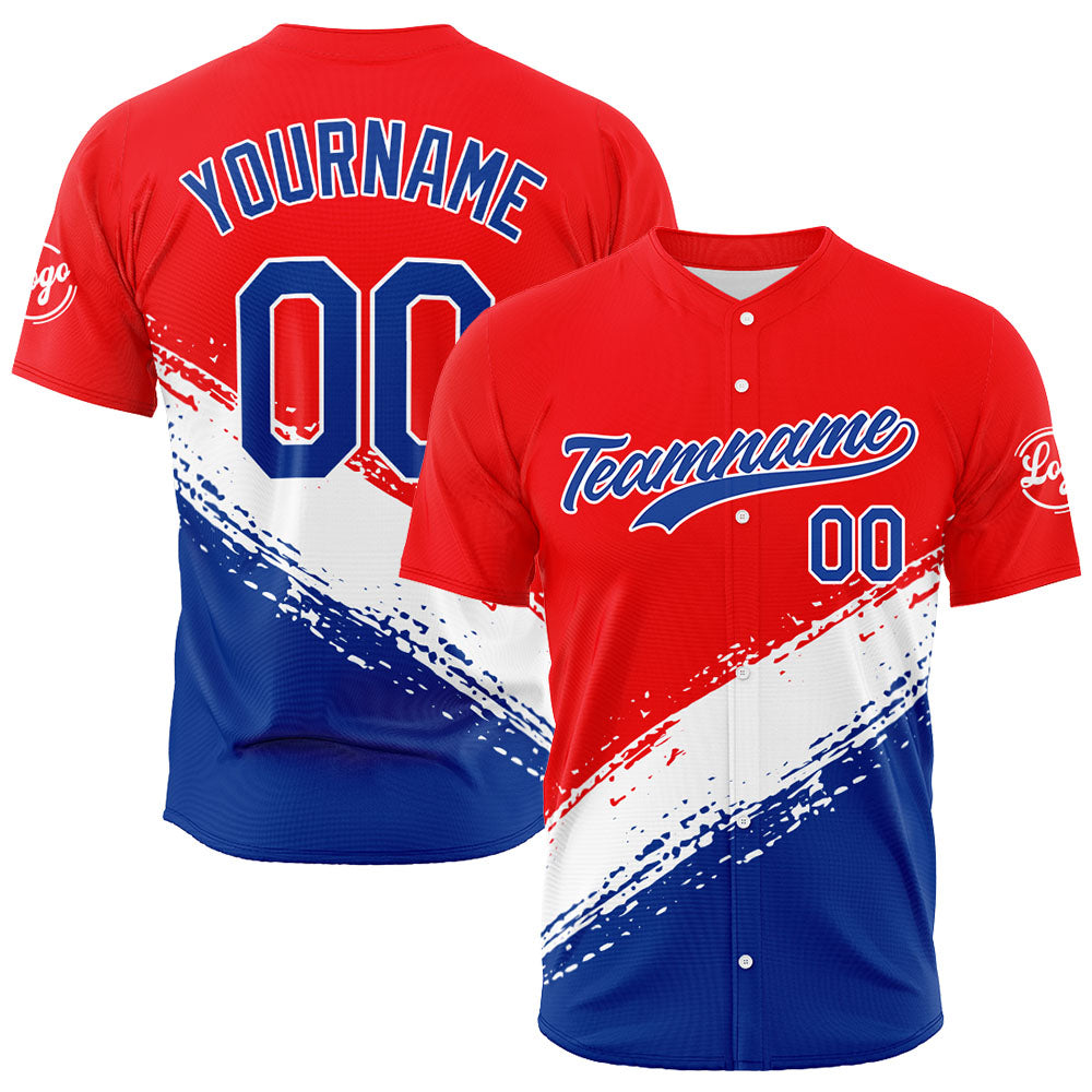 Dise?o personalizado de camiseta de béisbol con estampado completo en rojo azul y blanco