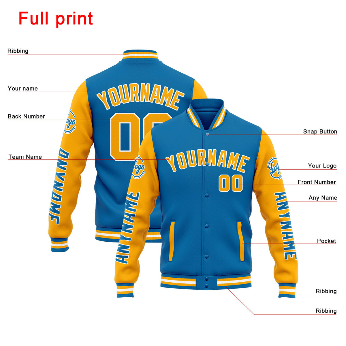 Chaqueta universitaria personalizada estilo Letterman para hombres-mujeres y jóvenes-color azul y naranja