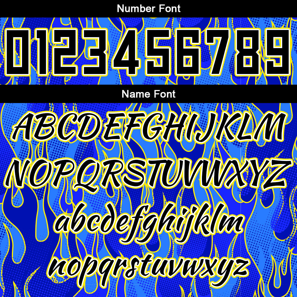 Uniforme de baloncesto personalizado Royal Flame con tu logotipo-nombre y número impresos