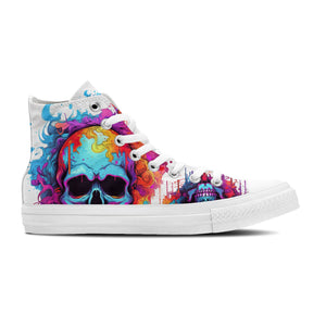 Macabro Cromático: Desata el poder de la rebeldía de la moda con zapatillas de lona de media caña para hombre y mujer El arte de las calaveras se une al estilo chic de los lápices en una vibrante paleta de colores