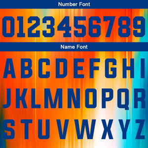 Uniforme de baloncesto personalizado de color naranja arcoíris y azul con tu logotipo-nombre y número impresos