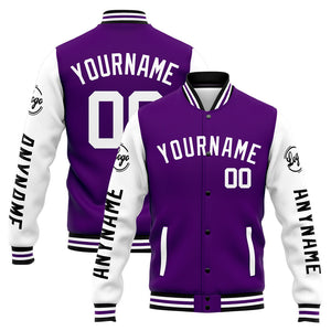 Chaqueta universitaria personalizada estilo Letterman para hombres-mujeres y jóvenes-color morado y blanco