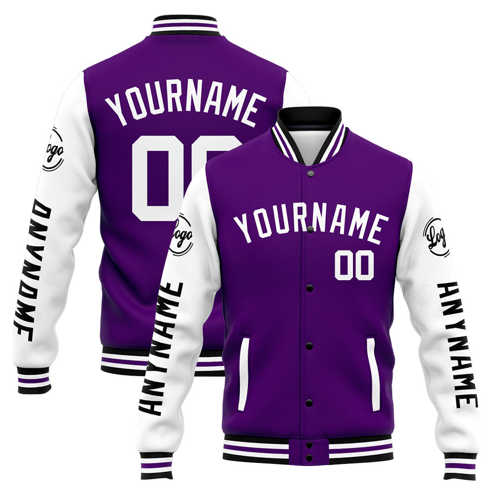 Chaqueta universitaria personalizada estilo Letterman para hombres-mujeres y jóvenes-color morado y blanco
