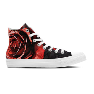 Sombras Carmesí: Déjese seducir por la oscura elegancia de las rosas rojas en nuestras zapatillas de lona de media caña