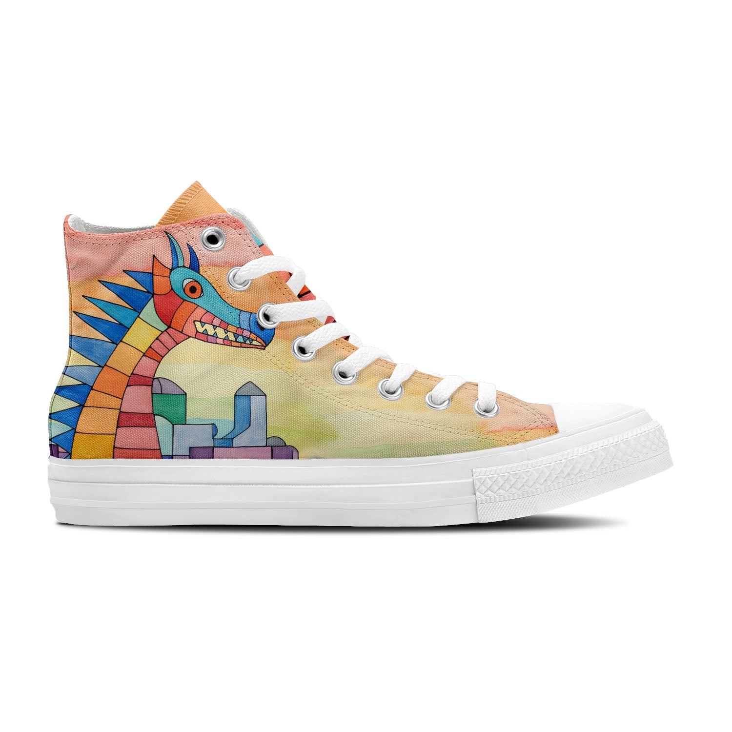 Dino Dreamscape: Zapatillas unisex de lona de media caña -Embárcate en un viaje a través de un mundo artístico con divertidos estampados de dinosaurios para hombres y mujeres