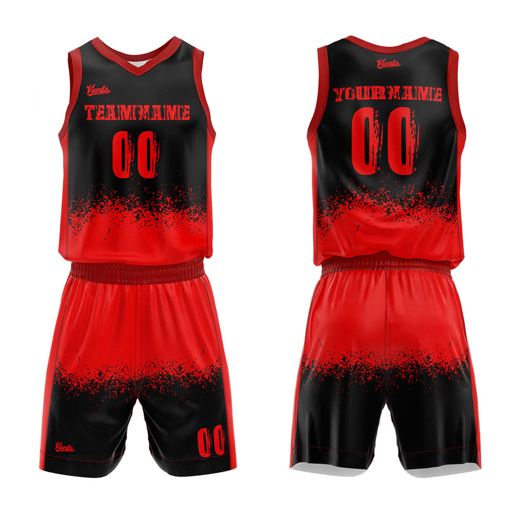 Uniforme de baloncesto personalizado rojo y negro con tu logotipo-nombre y número impresos