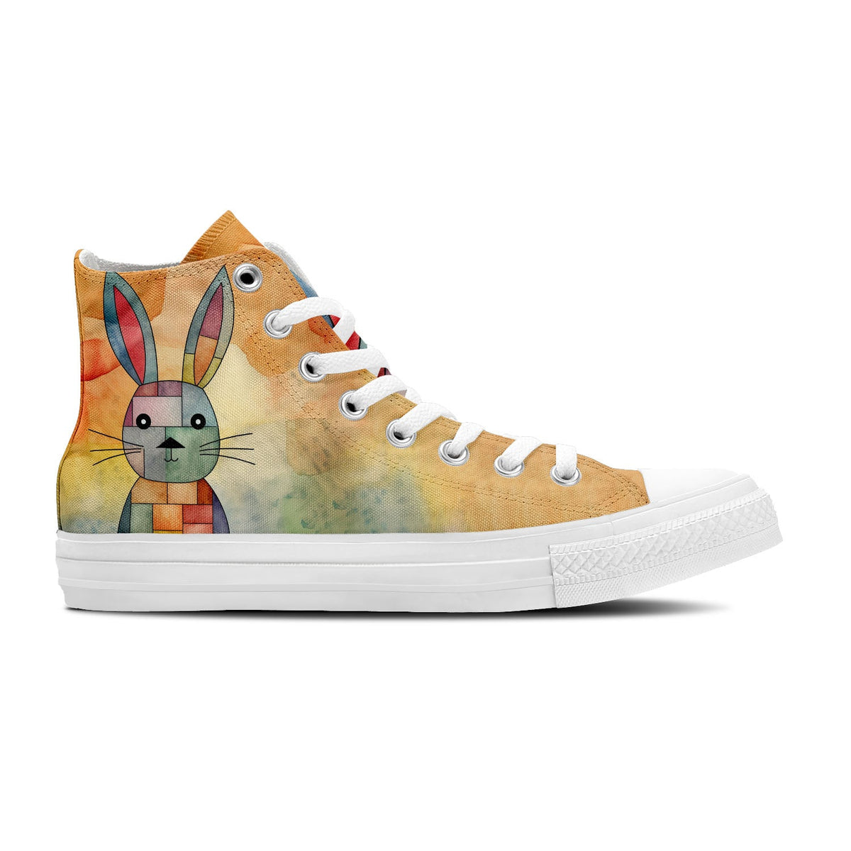Whimsical Hops: Zapatillas unisex de media caña de lona -Adéntrate en un mundo artístico y maravilloso con divertidos estampados de conejos para hombres y mujeres