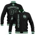 Chaquetas universitarias impermeables personalizadas en negro-blanco y verde con nombre-número y logotipo bordados a medida