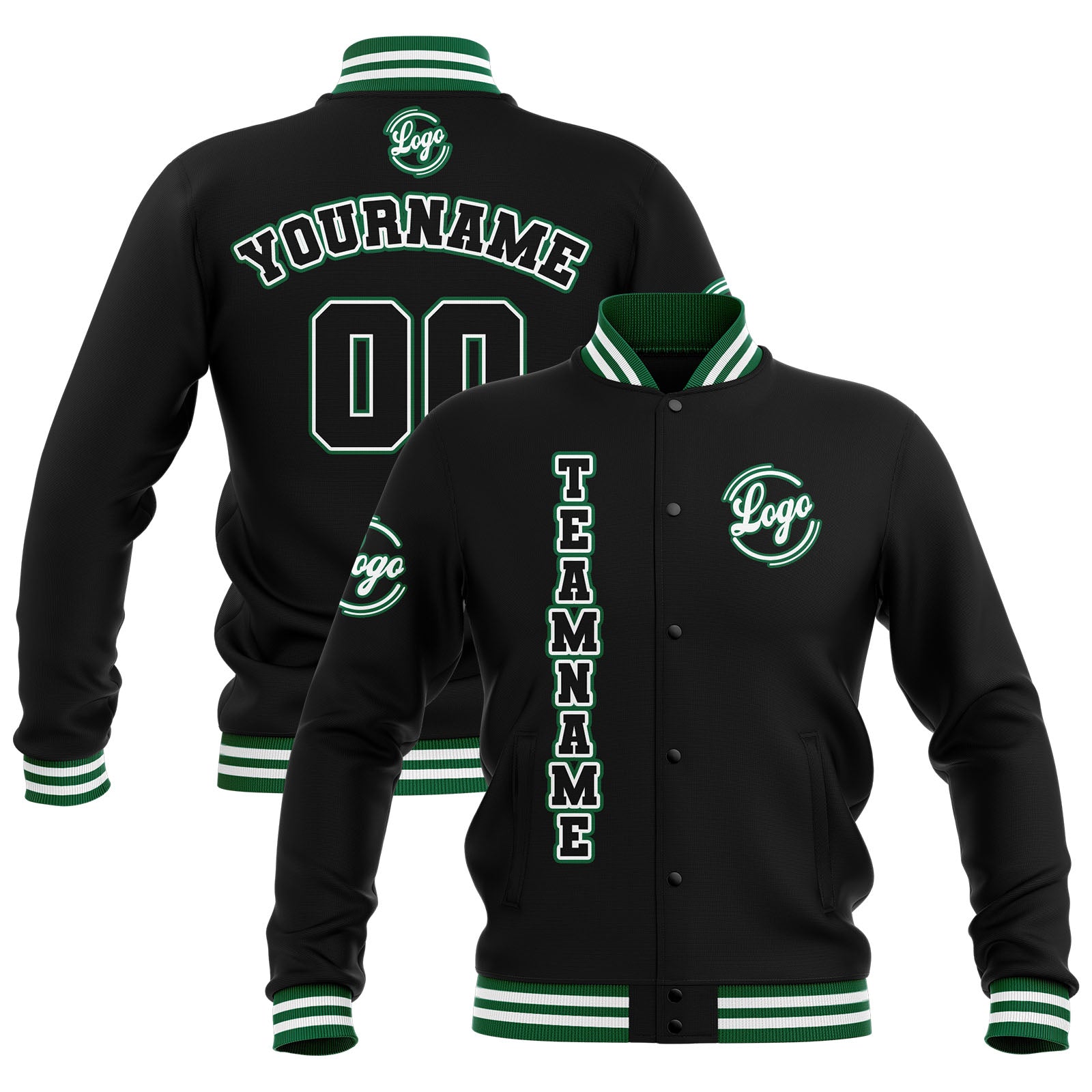 Chaquetas universitarias impermeables personalizadas en negro-blanco y verde con nombre-número y logotipo bordados a medida