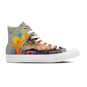 Dinosaurios con lunares: realza tu estilo con zapatillas de lona de caña alta -Moda unisex con divertidos estampados de dinosaurios en una cautivadora mezcla de color y fantasía de lunares