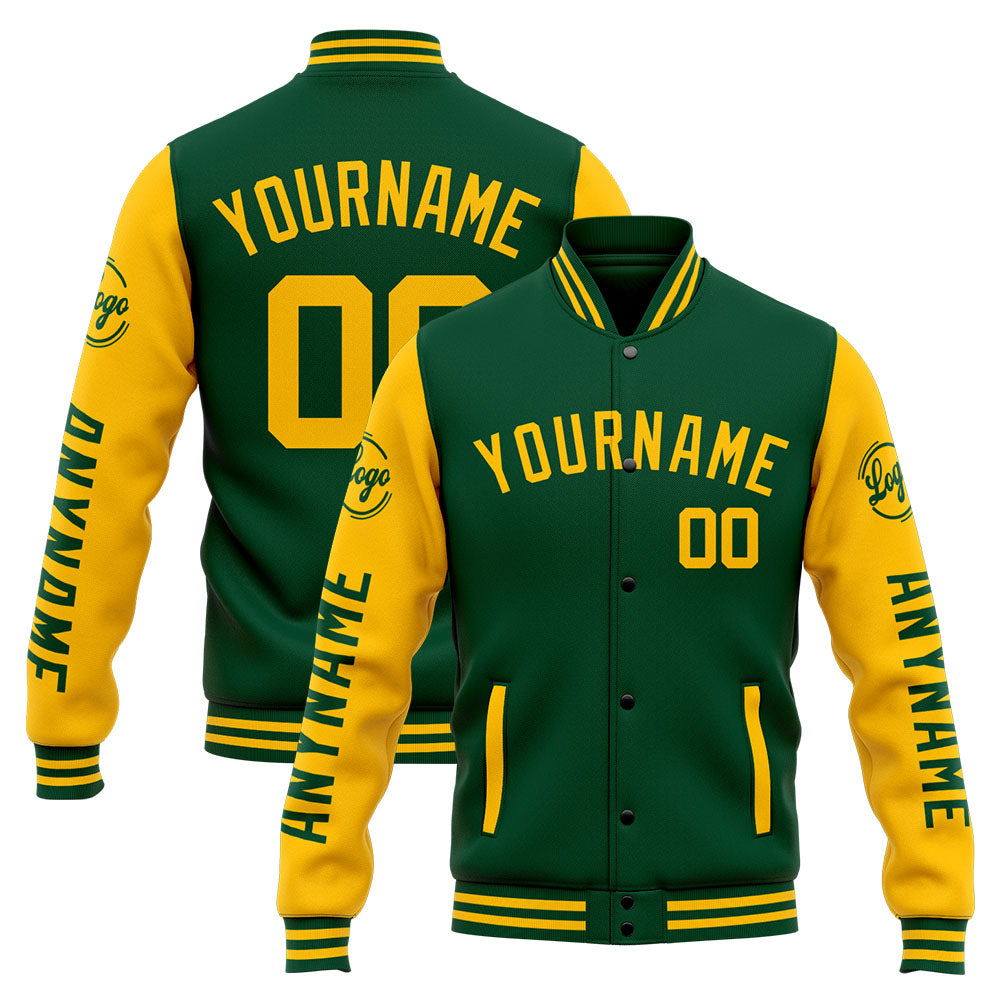 Chaqueta universitaria personalizada estilo Letterman para hombres-mujeres y jóvenes-color verde y amarillo