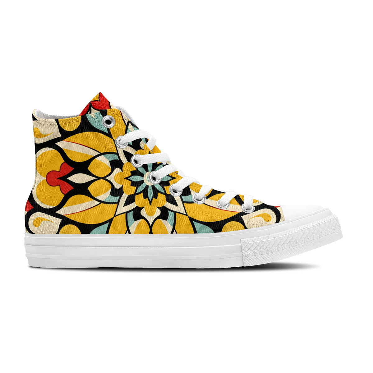 Golden Horizons: Déjese seducir por el estilo marroquí con estas zapatillas de lona de media caña-radiantes en rojos y amarillos