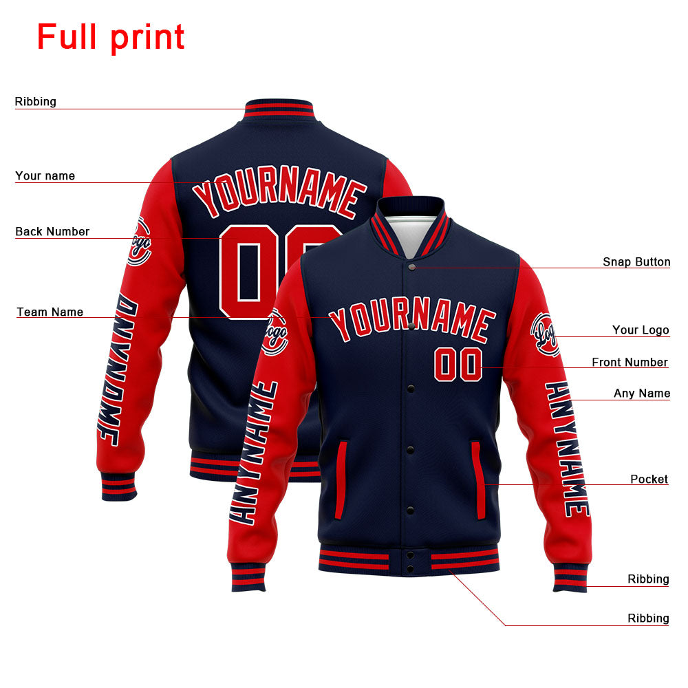 Chaqueta universitaria personalizada estilo Letterman para hombres-mujeres y jóvenes-color azul marino y rojo