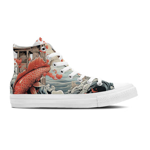 Lo tradicional se une a lo moderno: Zapatillas de lona de media caña que ilustran el milagro de los peces koi saltando sobre la Puerta del Dragón para hombre y mujer