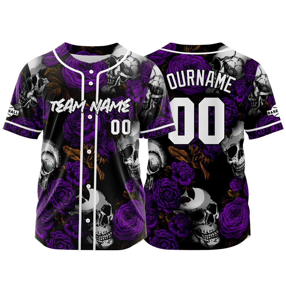 Camiseta de béisbol personalizada para hombres mujeres ni?os y jóvenes con bordados y estampado de calavera rosa y morado