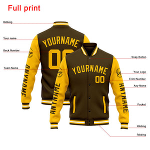 Chaqueta universitaria personalizada estilo Letterman para hombres-mujeres y jóvenes-color marrón y amarillo