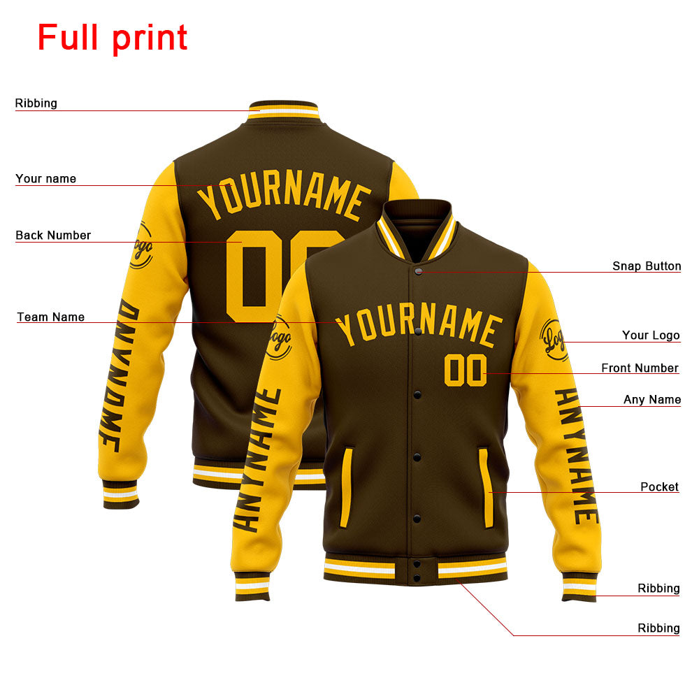 Chaqueta universitaria personalizada estilo Letterman para hombres-mujeres y jóvenes-color marrón y amarillo
