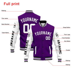 Chaqueta universitaria personalizada estilo Letterman para hombres-mujeres y jóvenes-color morado y blanco
