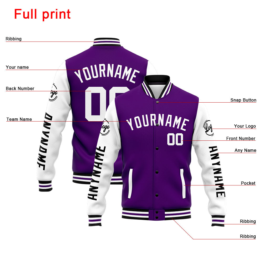 Chaqueta universitaria personalizada estilo Letterman para hombres-mujeres y jóvenes-color morado y blanco