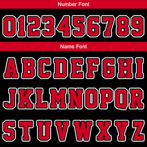Uniforme de baloncesto personalizado en negro y rojo con tu logotipo-nombre y número impresos