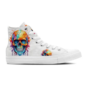 Paleta gótica: Zapatillas de lona de media caña para hombre y mujer: Abraza la elegancia oscura con un diseño de calaveras a lápiz-una fusión de colores y patrones intrincados