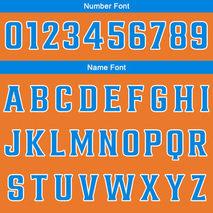 Uniforme de baloncesto personalizado naranja y azul con tu logotipo-nombre y número impresos