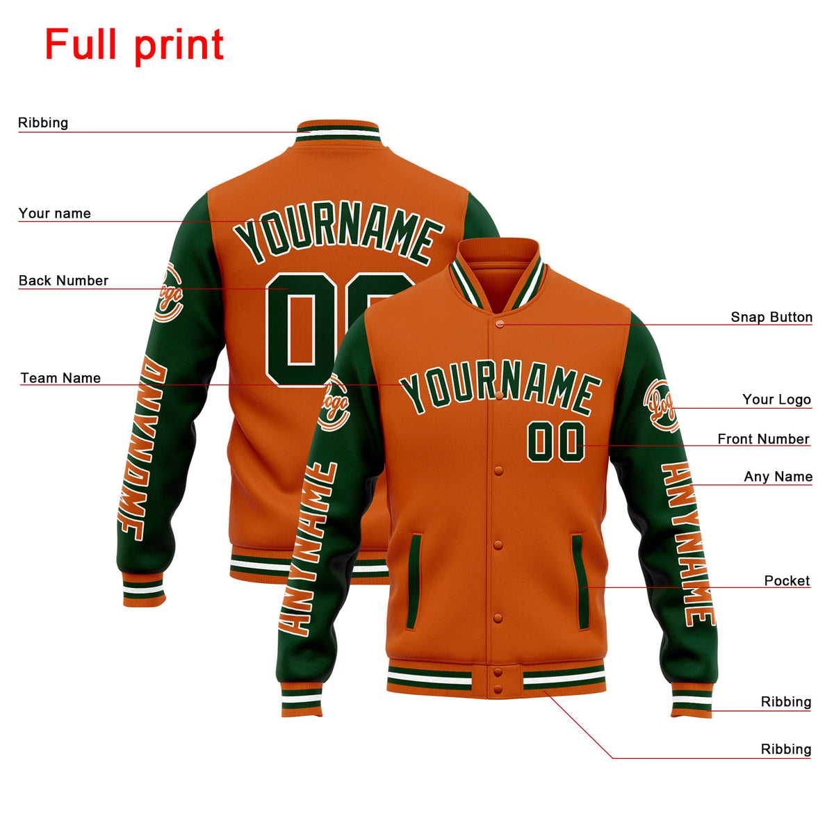 Chaqueta universitaria personalizada estilo Letterman para hombres-mujeres y jóvenes-color naranja y verde oscuro