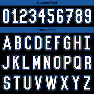 Uniforme de baloncesto personalizado en negro y azul con tu logotipo-nombre y número impresos