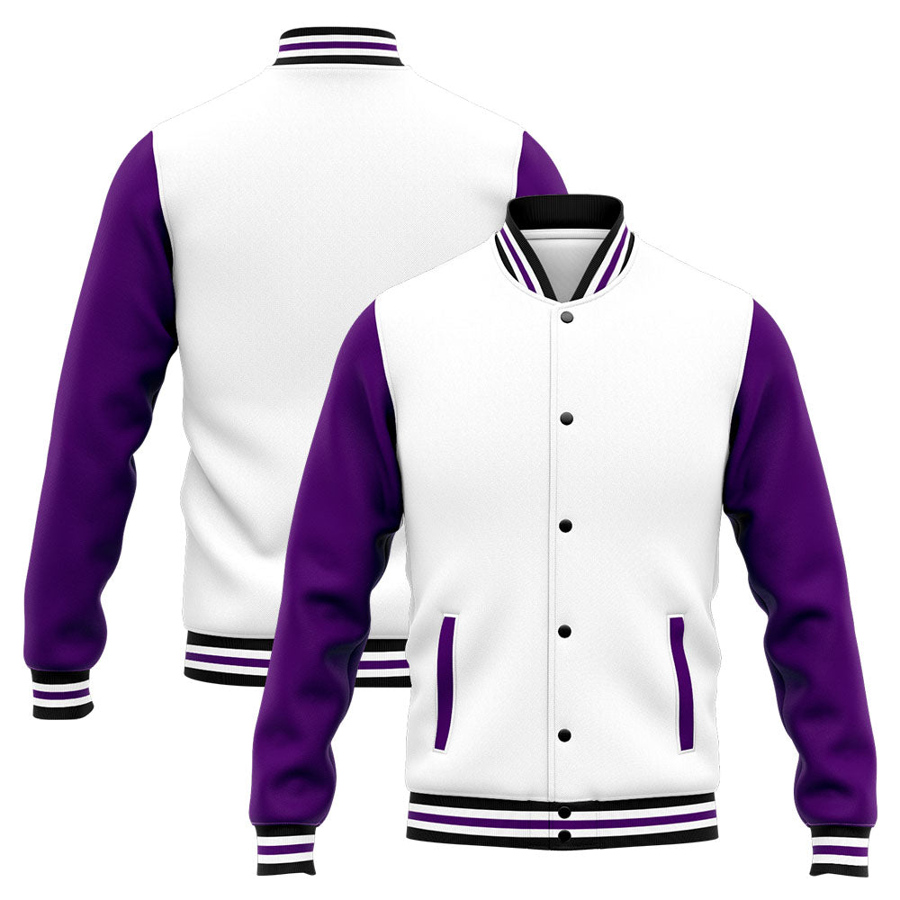 Chaqueta universitaria personalizada estilo Letterman para hombres-mujeres y jóvenes-color morado y blanco
