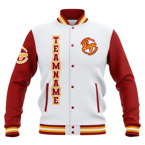 Chaquetas universitarias impermeables personalizadas blancas-rojas y amarillas con nombre-número y logotipo bordados a medida