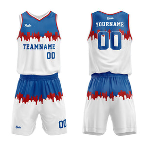 Uniforme de baloncesto personalizado en gris-azul y blanco con tu logotipo-nombre y número impresos