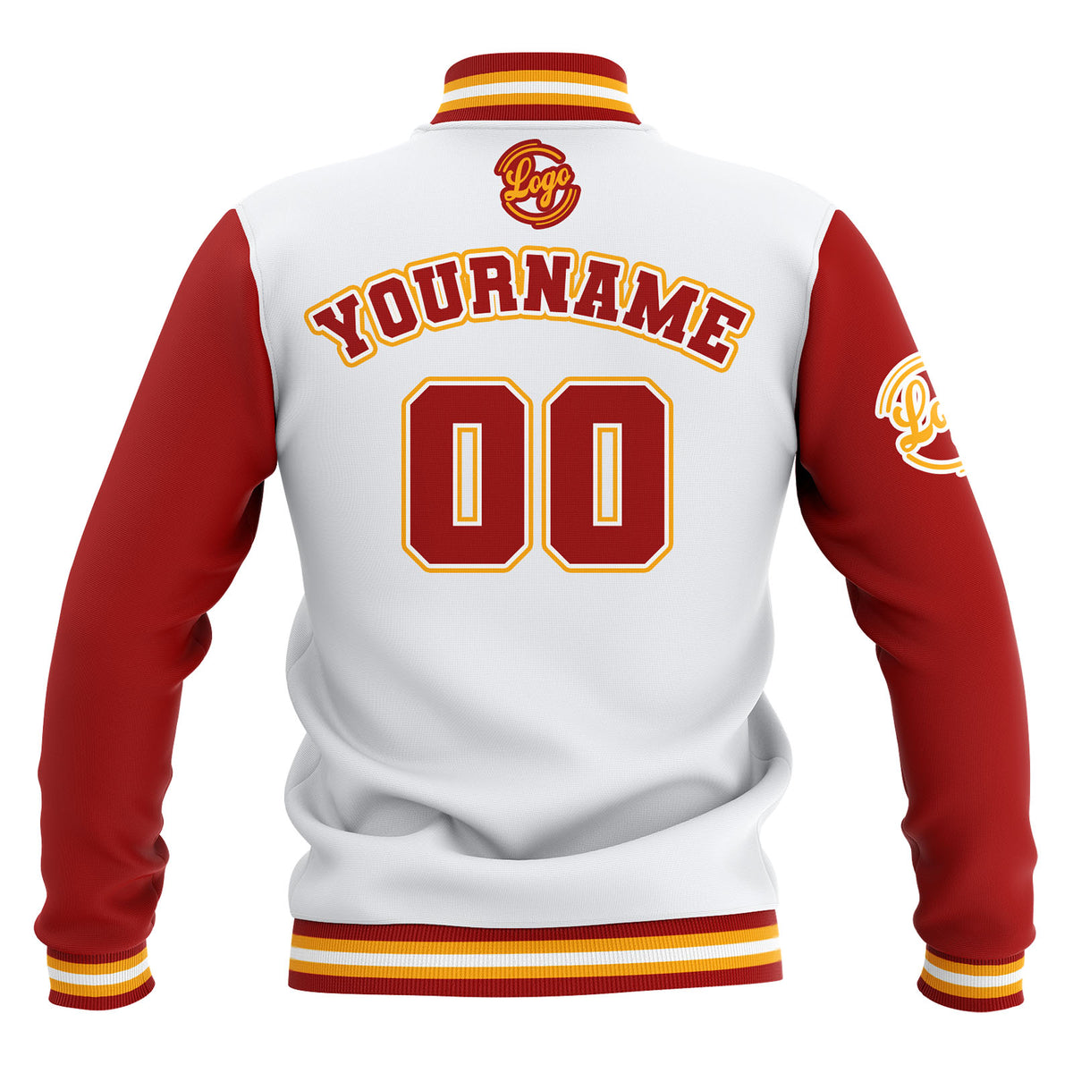 Chaquetas universitarias impermeables personalizadas blancas-rojas y amarillas con nombre-número y logotipo bordados a medida