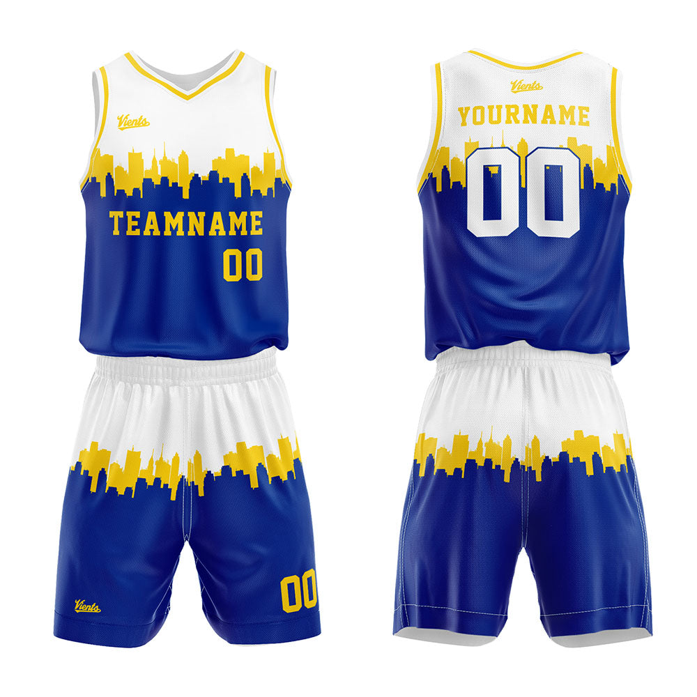 Uniforme de baloncesto personalizado blanco y azul con tu logotipo-nombre y número impresos