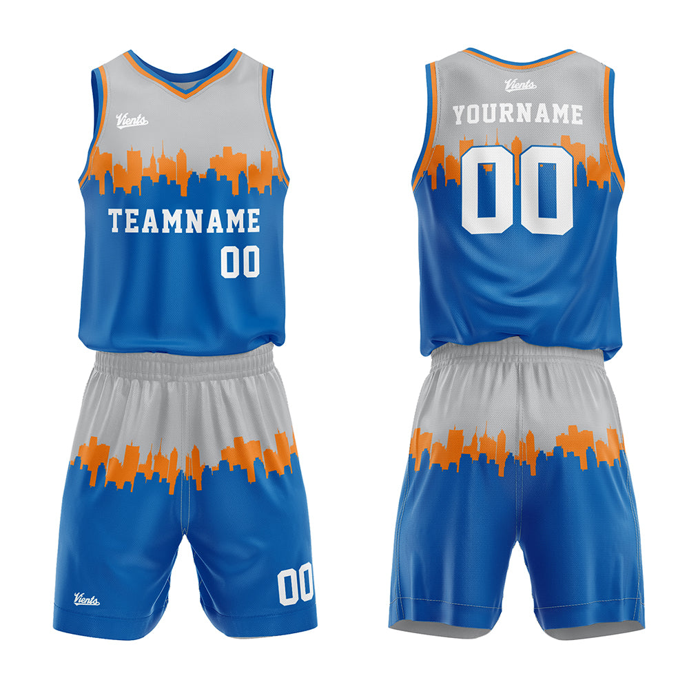 Uniforme de baloncesto personalizado en gris y azul con tu logotipo-nombre y número impresos