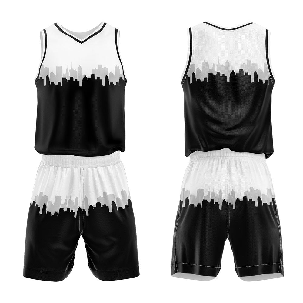 Uniforme de baloncesto personalizado blanco y negro con tu logotipo-nombre y número impresos
