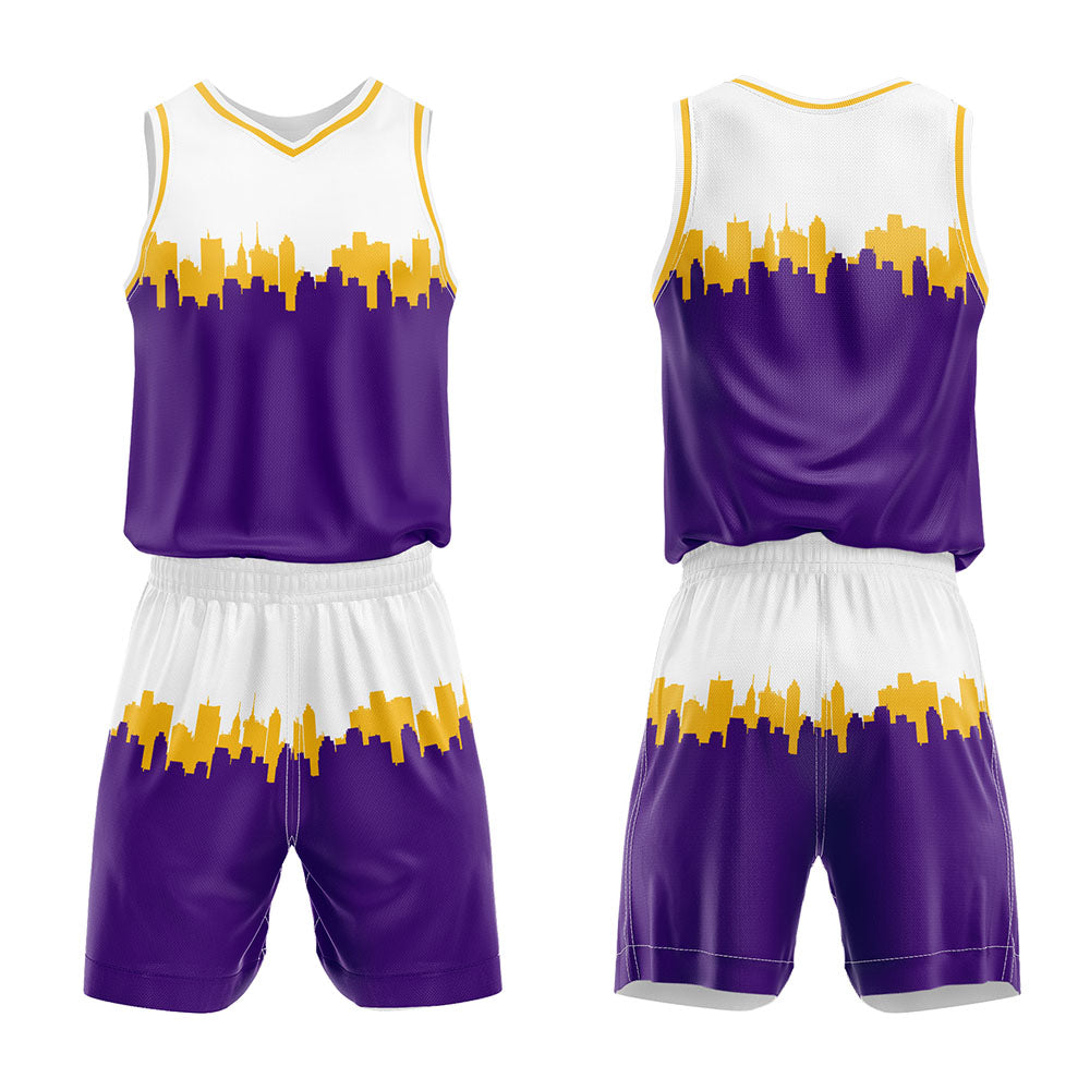 Uniforme de baloncesto personalizado blanco y morado con tu logotipo-nombre y número impresos