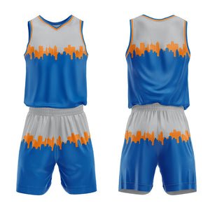Uniforme de baloncesto personalizado en gris y azul con tu logotipo-nombre y número impresos